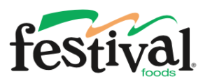 logo for Festival Foods white background, black text, with green and orange swish lines